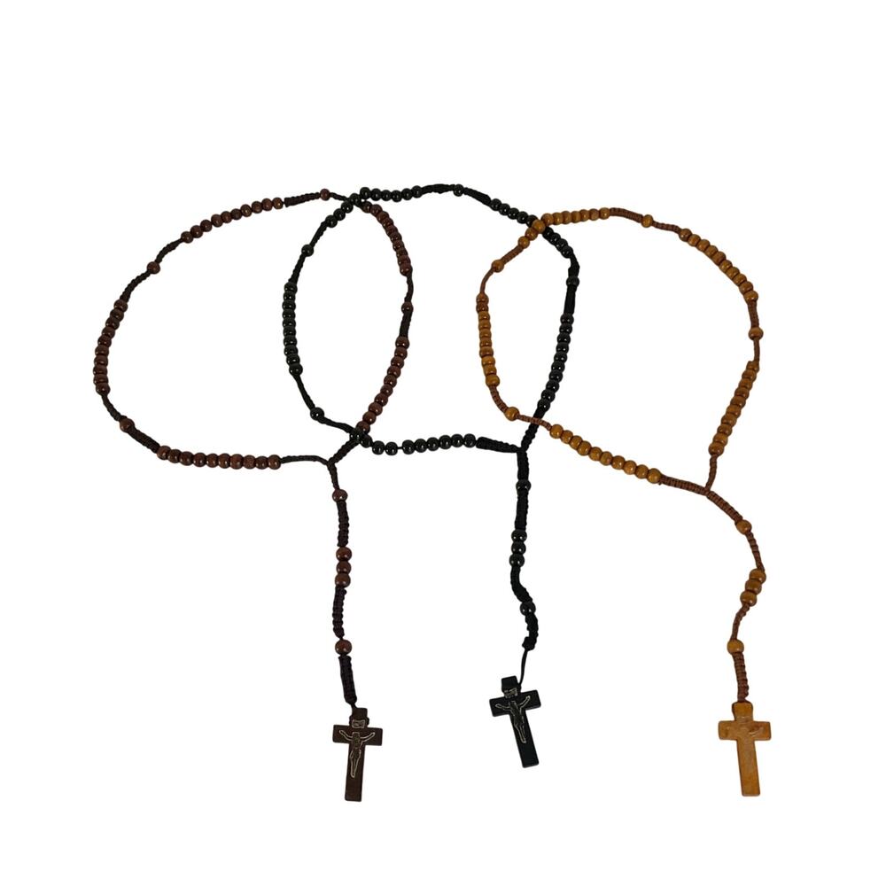 Wooden Rosary Necklaces Set of 3 Catholic Prayer Beads with Crucifix